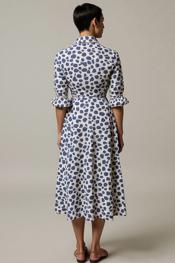 A Line White And Blue Leopard Printed Half Sleeves Long Work Dress